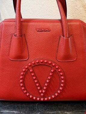 Valentino 'Minimi Rock' Red Pebbled Leather Satchel with V Emblem